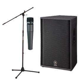 Bafle Yamaha de 2 vías, 15+Driver 2 plug 1000w + Micrófono Shure dinámico alámbrico + Stand para micrófono on stage con boom-Cas