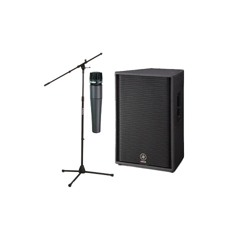 Bafle Yamaha de 2 vías, 15+Driver 2 plug 1000w + Micrófono Shure dinámico alámbrico + Stand para micrófono on stage con boom-Cas